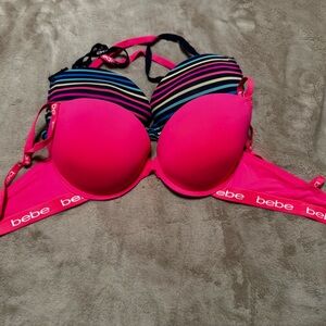 Bebe Women's Pink and Multicolor Striped Bikini Top